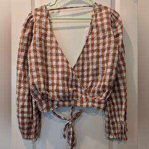 Willow & Root Gingham Surplice Crop Top Brown Rust Tie Back Blouse NWT